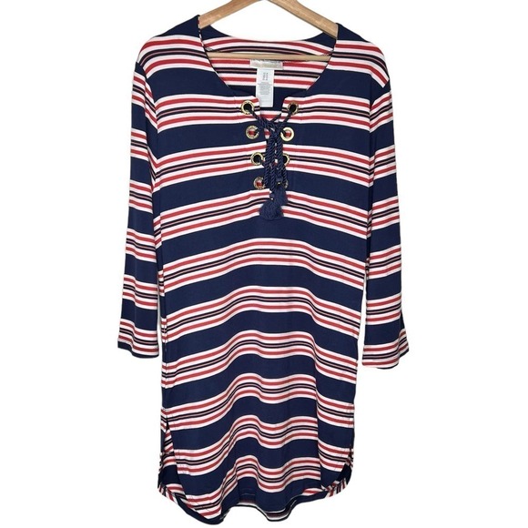 New Women’s La Blanca Sailor Stripe Lace Up V-Neck Tunic Size M - Picture 2 of 11